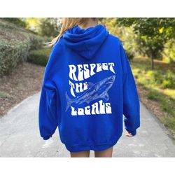 respect the inhabitants hooded sweatshirts with words on the back, surf hooded sweatshirt, save the shark hooded sweat