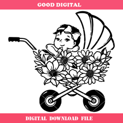 baby stroller with flower svg, baby carriage svg, baby girl