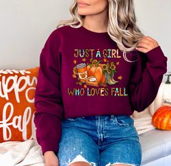 just a girl who loves fall sweatshirt, womens fall long sleeve, cute fall shirts for women, fall lovers shirt, pumpkins