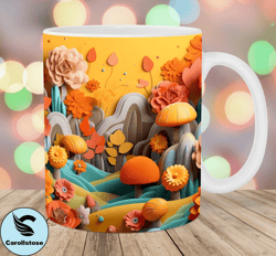 3d autumn mushrooms mug wrap, 11oz  15oz mug template, mug sublimation design, flowers mug wrap template, instant digita