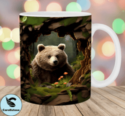 3d bear hole in a wall mug wrap, 11oz  15oz mug template, mug sublimation design, forest mug wrap template, instant digi