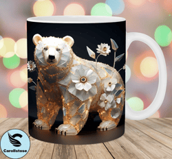 3d bear mug wrap, 11oz and 15oz mug template, mug sublimation design, flowers mug wrap template, instant digital downloa