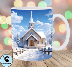 3d church mug wrap, 11oz  15oz mug template, mug sublimation design, winter landscape mug wrap template, instant digital