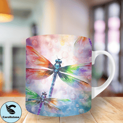 3d colorful dragonflies  mug wrap, 11oz and 15oz mug template, mug sublimation design, mug wrap template, instant digita