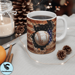 3d vintage baseball mug, 3d baseball crack hole american flag 11oz coffee mug, 4th of july, 3d baseball