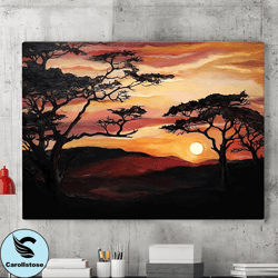 savannah trees canvas wall art painting, african sunset landscape wall art, canvas wall art, trees landscape poster, wal