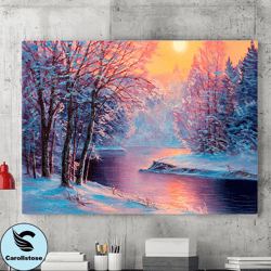 winter sunset landscape canvas wall art painting, winter forest landscape wall art, sunset poster, winter painting,home