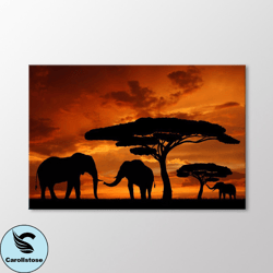 elephant family canvas wall art, elephant art print, african animals wall decoration, sunset landscape, canvas ready to