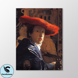 girl with a red hat by johannes vermeer canvas wall art, vermeer paintings, vintage wall decoration, canvas ready to han
