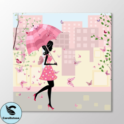 girl with pink umbrella canvas wall art, nursery wall art, nursery decor, baby room ideas, rainbow, girl wall art print,