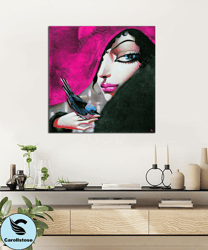 canvas print art of woman with pink hat, woman with pink lipstick canvas print art ready to hang on the wall, black bird