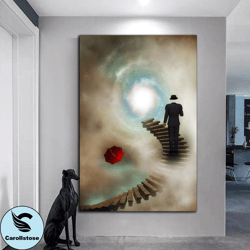 man climbing stairs canvas wall art, faceless man canvas wall art, galaxy canvas wall art, red umbrella canvas wall art