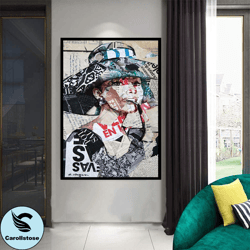 newspaper covered woman canvas wall art, woman smoking a pipe ready to hang canvas print art, woman in blue hat canvas w