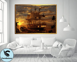 pirate ship canvas print art, ship at sunset canvas print art, pirate ship canvas wall decor, antique cruise ship canvas