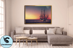 ship at sunset canvas print art, pirate ship canvas wall decor, antique cruise ship canvas print art