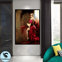 woman in red hat canvas wall art, woman with red lipstick canvas print art, beautiful woman canvas wall decor