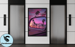 landscape painting from car mirror canvas print art, palm trees canvas print, pink retro canvas print decor, gift access