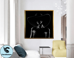 sexy woman in black hat canvas print art, woman in black dress ready to hang on wall canvas print art, woman portrait mo