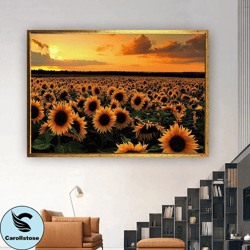 sunflower canvas wall art , sunflower landscape canvas painting , sunflower canvas print , sunset canvas , ready to hang