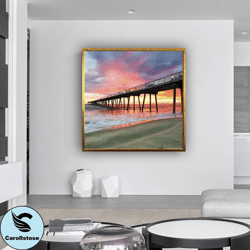 sunrise landscape canvas wall art , beach and bridge landscape canvas painting, modern home decor  , ready to hang canva