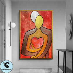 surreal couple canvas wall art, hugging couple canvas wall art, woman holding heart canvas wall art, valentine gift