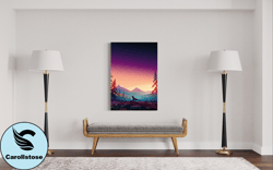 wolf landscape deers birds canvas print art, sunset behind mountains canvas print art ready to hang on wall, landscape h