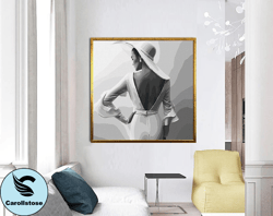 woman in white hat canvas wall art , woman turned canvas painting , sexi woman in white dress canvas painting , modern h