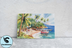 beachside on canvas, ocean beach, watercolor, hawaii landscape, tropical water, framed canvas
