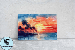 beach sunset on canvas, tree silhouette, sunrise beach, watercolor, framed canvas, red orange, blue