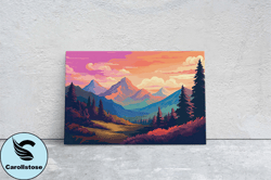 mountain sunset on canvas, vivid color, forestpunk, bold color, illustration animation, cyberpunk landscape, large print