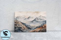 snowy mountain on canvas, subdued color, misty peaks, fog landscape, neutral tones, ready to hang, large print, colorado