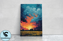 sunset field, vibrant color, soothing art, peaceful decor, painting, broad brush stroke, vivid art, large print, ready t