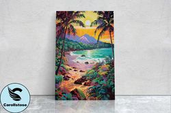 vibrant coast on canvas, ancient beach, framed canvas, prehistoric landscape, coastline illustration, bold color, vertic