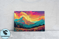 vibrant mountains, colorful illustration, bold colors, national park, framed canvas, cel shading, landscape drawing, too