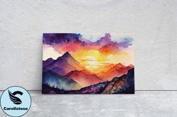 watercolor mountains, colorful sunset, canvas art, large print, painting, landscape, vibrant colors, dramatic landscape,