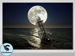 full moon & pirate ship wall art print canvas, sailing ship canvas painting, warships wall decor, pirate ship canvas wal