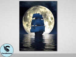 full moon&pirate ship wall art print on canvas, sailing ship canvas painting, warships wall decor, pirate ship canvas wa