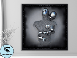 love  heart canvas framed wall art, hugging couple wall decor, 3d look wall art, chain style glitter embroidered sexy ar