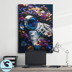 astronaut laying in bed of flowers butterfly space galaxy floral wall art, framed canvas poster print, homeoffice room d