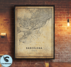 barcelona vintage map print , barcelona map , spain map art , barcelona city road map poster , vintage mapcanvas print w