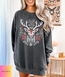 scandinavian folk art deer sweatshirt  scandi nordic design sweater trendy christma s top xmas reindeer boxing clothing