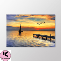 sunset at the pier canvas wall art, sunset painting print, landscape wall decoration, canvas ready to hang