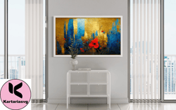 golden floral art on dark blue background canvas