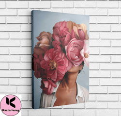 pink floral woman canvas, wall art canvas design, home decor ready to hang