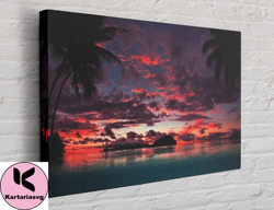 tropical island sunset canvas, canvas wall art canvas design, home decor ready to hang