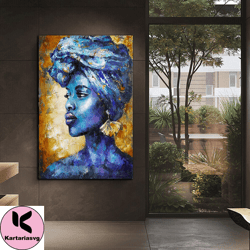 african woman with blue ribbon canvas painting , african woman wall art , african woman prints, modern home decor , read