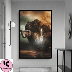 bear canvas print art, mountain on bear's back canvas print ready to hang on wall, flowing waterfall canvas wall decor,