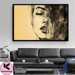 black and white woman canvas wall art, watercolor woman portrait canvas painting, beautiful woman framed canvas painting