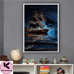 black sailing ship canvas painting , pirate ship canvas wall art, ships canvas print , office decor , modern home decor