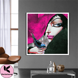 canvas print art of woman in pink hat, woman with pink lipstick canvas print, woman holding bird canvas print art ready